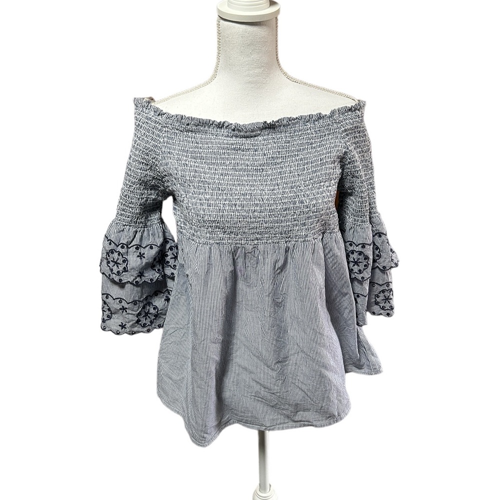 BeachLunchLounge, large, blue embroidered off the shoulder top. Cotton. - Picture 5 of 10